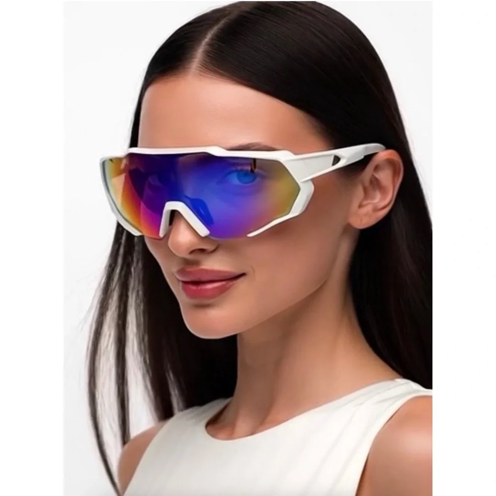 White Oversized Shield Sunglasses Iridescent Mirrored Lens Sporty Futuristic New